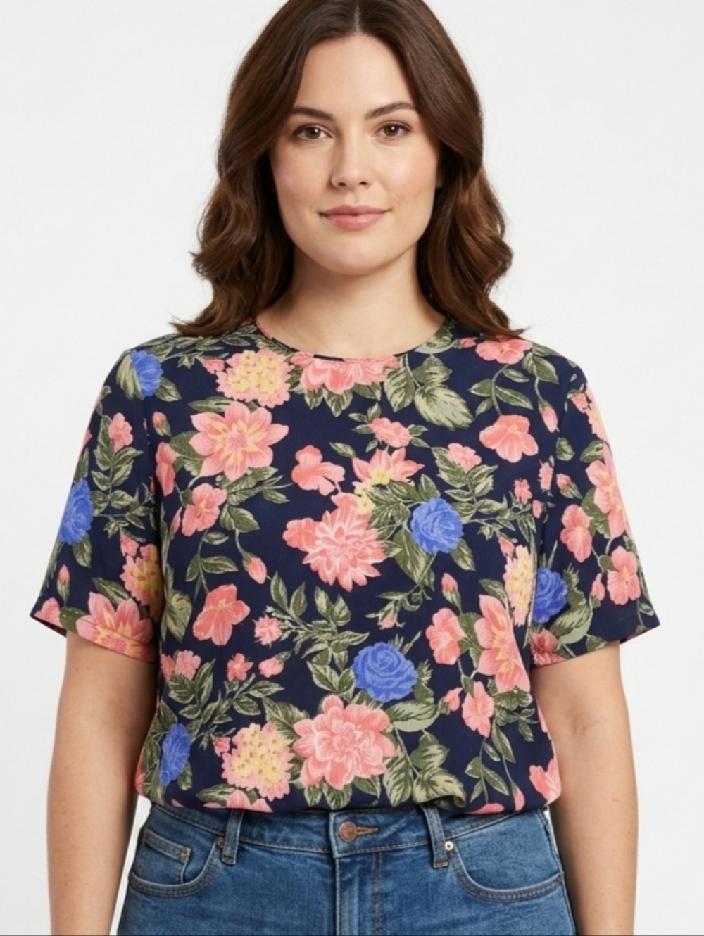 VINTAGE Granny-chic pretty floral short sleeve top Navy Pink SZ 12